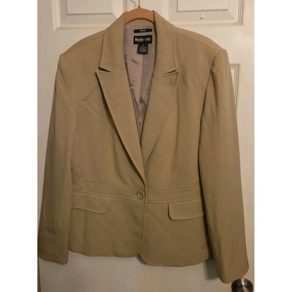 tan Style & Co single-button blazer notch lapels front flap pockets Size 16